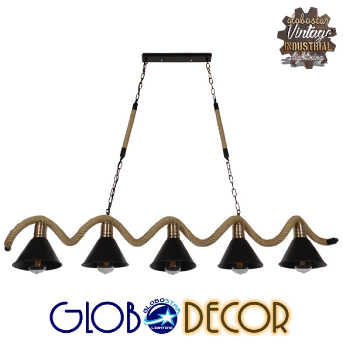 GloboStar® TYMEN 01190 Vintage Φωτιστικό Οροφής Πολύφωτο 5 x E27 Μαύρο Μεταλλικό Καμπάνα με Μπεζ Σχοινί Μ150 x Π22 x Υ23cm