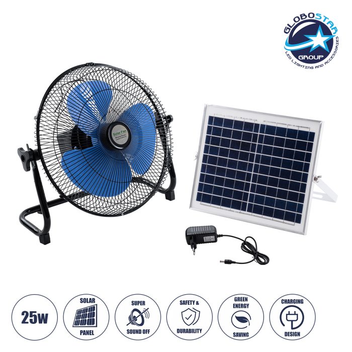 GloboStar® SOLARO-FAN 85351 Solar Fan Αυτόνομος Ηλιακός Επιδαπέδιος Ανεμιστήρας 25W 2 Λειτουργιών Ρεύματος με AC 220-240V ή με Φωτοβολταϊκό Panel 9V 12W & Επαναφορτιζόμενη Μπαταρία Li-ion 7.4V 4400mAh - 12 Ταχύτητες - Ενσωματωμένο USB 2.0 Charger Συσκευών - IP20 - Μ42 x Π20 x Υ35cm - Μαύρο & Μπλε - 2 Years Warranty