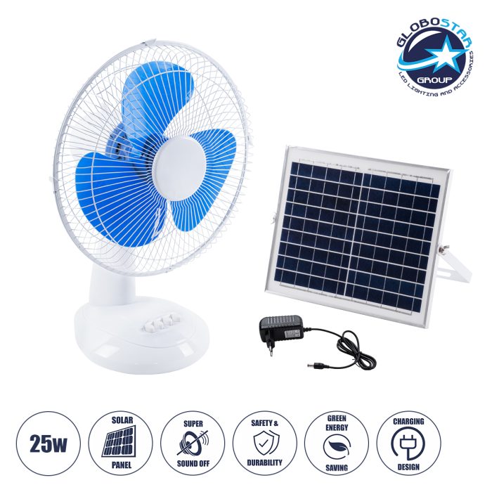 GloboStar® SOLARI-FAN 85353 Solar Fan Αυτόνομος Ηλιακός Επιτραπέζιος Ανεμιστήρας 25W 2 Λειτουργιών Ρεύματος με AC 220-240V ή με Φωτοβολταϊκό Panel 9V 12W & Επαναφορτιζόμενη Μπαταρία Li-ion 7.4V 4400mAh - 3 Ταχύτητες - IP20 - Μ24 x Π36 x Υ49cm - Λευκό & Μπλε - 2 Years Warranty