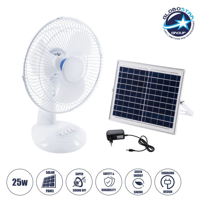 GloboStar® SOLARI-FAN 85354 Solar Fan Αυτόνομος Ηλιακός Επιτραπέζιος Ανεμιστήρας 25W 2 Λειτουργιών Ρεύματος με AC 220-240V ή με Φωτοβολταϊκό Panel 9V 12W & Επαναφορτιζόμενη Μπαταρία Li-ion 7.4V 4400mAh - 3 Ταχύτητες - IP20 - Μ24 x Π36 x Υ49cm - Λευκό - 2 Years Warranty