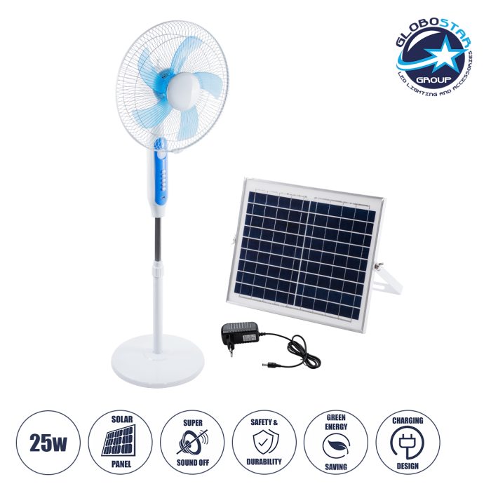 GloboStar® SOLARA-FAN 85355 Solar Fan Αυτόνομος Ηλιακός Επιδαπέδιος Ανεμιστήρας 25W 2 Λειτουργιών Ρεύματος με AC 220-240V ή με Φωτοβολταϊκό Panel 9V 12W & Επαναφορτιζόμενη Μπαταρία Li-ion 7.4V 4400mAh - 3 Ταχύτητες - Ενσωματωμένο USB 2.0 Charger Συσκευών - IP20 - Μ44 x Π37.5 x Υ132cm - Λευκό & Μπλε - 2 Years Warranty