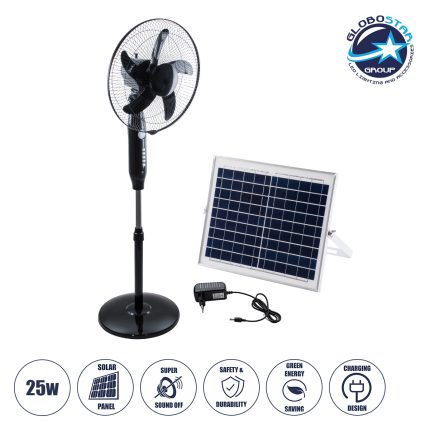 GloboStar® SOLARA-FAN 85356 Solar Fan Αυτόνομος Ηλιακός Επιδαπέδιος Ανεμιστήρας 25W 2 Λειτουργιών Ρεύματος με AC 220-240V ή με Φωτοβολταϊκό Panel 9V 12W & Επαναφορτιζόμενη Μπαταρία Li-ion 7.4V 4400mAh - 3 Ταχύτητες - Ενσωματωμένο USB 2.0 Charger Συσκευών - IP20 - Μ44 x Π37.5 x Υ132cm - Μαύρο - 2 Years Warranty