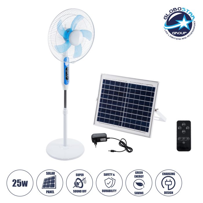 GloboStar® SOLARE-FAN 85357 Solar Fan Αυτόνομος Ηλιακός Επιδαπέδιος Ανεμιστήρας 25W 2 Λειτουργιών Ρεύματος με AC 220-240V ή με Φωτοβολταϊκό Panel 9V 15W & Επαναφορτιζόμενη Μπαταρία Li-ion 7.4V 6000mAh - 12 Ταχύτητες - Ασύρματο Χειριστήριο - Ενσωματωμένο USB 2.0 Charger Συσκευών - IP20 - Μ44 x Π37.5 x Υ132cm - Λευκό - 2 Years Warranty