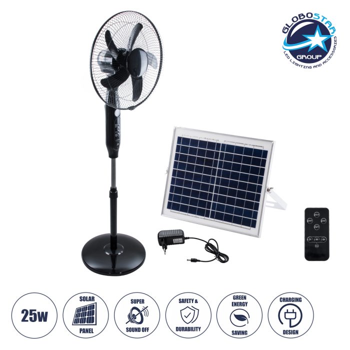 GloboStar® SOLARE-FAN 85358 Solar Fan Αυτόνομος Ηλιακός Επιδαπέδιος Ανεμιστήρας 25W 2 Λειτουργιών Ρεύματος με AC 220-240V ή με Φωτοβολταϊκό Panel 9V 15W & Επαναφορτιζόμενη Μπαταρία Li-ion 7.4V 6000mAh - 12 Ταχύτητες - Ασύρματο Χειριστήριο - Ενσωματωμένο USB 2.0 Charger Συσκευών - IP20 - Μ44 x Π37.5 x Υ132cm - Μαύρο - 2 Years Warranty