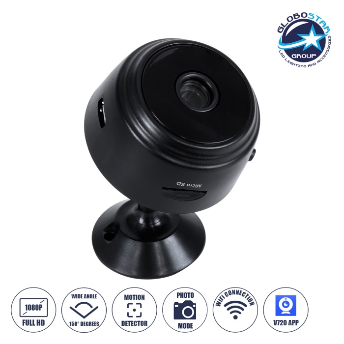 GloboStar® 86004 WIFI 2.4G IP CAMERA 1.0MP 1080P - Έξυπνη Κρυφή IP Κάμερα WiFi 1080P 150° Παρακολούθησης με Νυχτερινή Λήψη & Αισθητήρα Κίνησης - Μαύρο