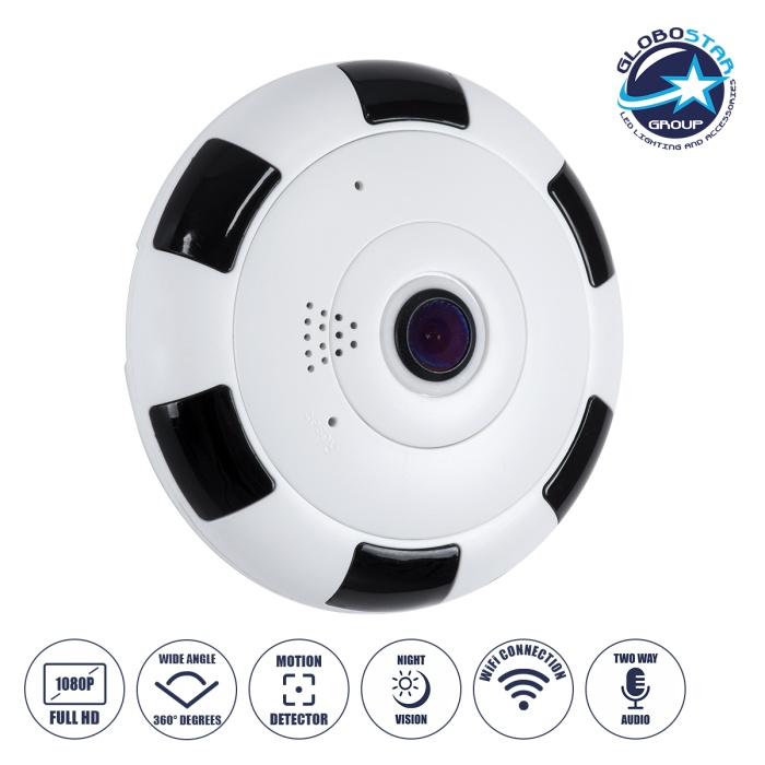 GloboStar® 86027 Επιτοίχια IP Camera 1080P WiFi 360° Μοιρών - Νυχτερινή Όραση με LED IR - Διπλή Κατέυθυνση Ομιλίας - Ανιχνευτή Κίνησης - Νυχτερινή Λήψη - Λευκό Μαύρο