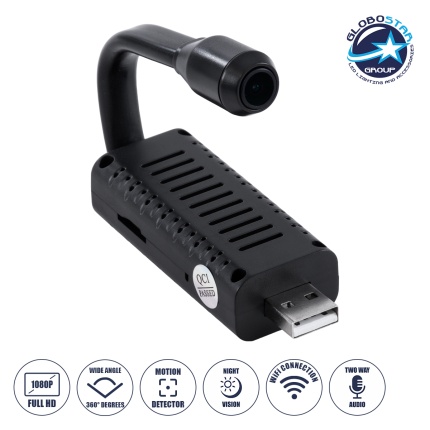 GloboStar® 86028 IP Camera 1080P WiFi 360° Μοιρών - USB - Νυχτερινή Όραση με LED IR - Διπλή Κατέυθυνση Ομιλίας - Ανιχνευτή Κίνησης - Νυχτερινή Λήψη - Μαύρο