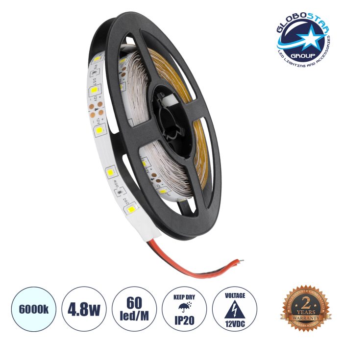 GloboStar® AVILA 90590 Ταινία LED 4.8W/m 300lm/m 120° DC 12V IP20 - 60 x SMD 3528 LED Chip/Μέτρο - Μ5000 x Π8 x Υ2mm - Ρολό 5 Μέτρων - Ψυχρό Λευκό 6000K - 2 Χρόνια Εγγύηση