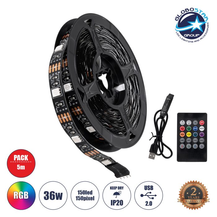 GloboStar® DIGISTRIP 90757 Set RGB Strip - Σετ RGB Ταινίας 5 Μέτρων με Controller & Ασύρματο Χειριστήριο IR - LED SMD 5050 36W/5m 150LED/5m 2880lm/m 120° DC 5V με USB 2.0 IP20 Πολύχρωμο RGB - Dimmable - Μαύρο Σώμα - Μ500 x Π1 x Υ0.2cm - Συσκευασία 5 Μέτρων - 2 Χρόνια Εγγύηση