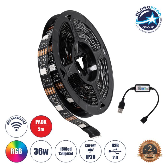 GloboStar® DIGISTRIP 90759 Set RGB Strip - Σετ Ταινίας 5 Μέτρων με Controller & WiFi Mobile APP - LED SMD 5050 36W/5m 150LED/5m 2880lm/m 120° DC 5V με USB 2.0 & WiFi Mobile APP IP20 Πολύχρωμο RGB - Dimmable - Μαύρο Σώμα - Μ500 x Π1 x Υ0.2cm - Συσκευασία 5 Μέτρων - 2 Χρόνια Εγγύηση