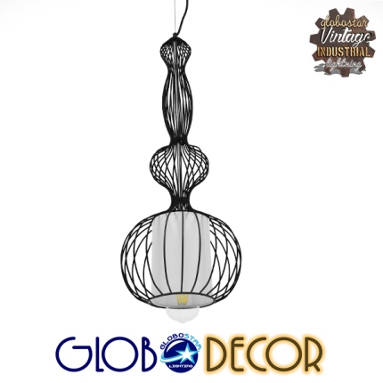 GloboStar® LILY 01560 Vintage Industrial Κρεμαστό Φωτιστικό Οροφής Μονόφωτο Μαύρο Μεταλλικό Πλέγμα και Υφασμάτινο Εσωτερικό Καπέλο Φ25 x Υ67cm