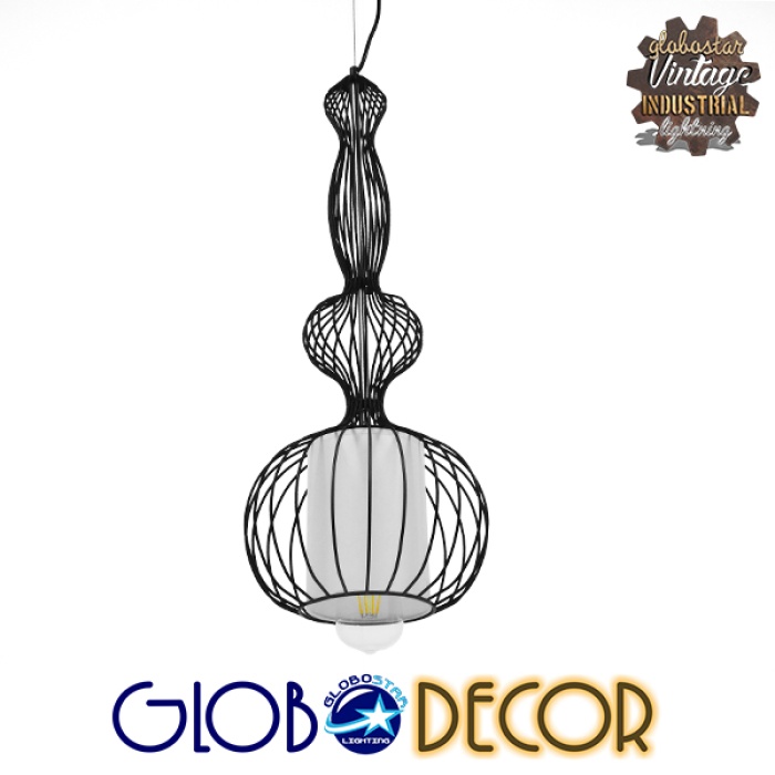 GloboStar® LILY 01560 Vintage Industrial Κρεμαστό Φωτιστικό Οροφής Μονόφωτο Μαύρο Μεταλλικό Πλέγμα και Υφασμάτινο Εσωτερικό Καπέλο Φ25 x Υ67cm