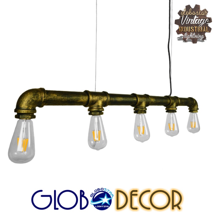 GloboStar® CANAL 01669 Vintage Industrial Κρεμαστό Φωτιστικό Οροφής Πολύφωτο 5 x E27 Μπρούτζινο Μεταλλικό Ράγα Μ92 x Π5 x Y8cm