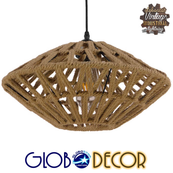 GloboStar® NATHLEN 01187 Vintage Κρεμαστό Φωτιστικό Οροφής Μονόφωτο 1 x E27 Μαύρο Μεταλλικό Πλέγμα με Μπεζ Σχοινί Φ40 x Y20cm