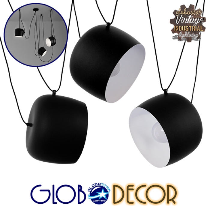 GloboStar® JASPER 01375 SET 3 Μοντέρνα Κρεμαστά Φωτιστικά Οροφής Τρίφωτο 3 x E27 Μαύρα Λευκά Μεταλλικά Καμπάνα Φ25 x Υ22cm