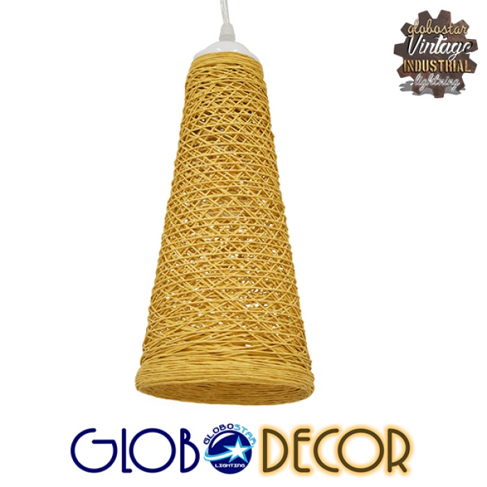 GloboStar® INCASS 01625 Vintage Κρεμαστό Φωτιστικό Οροφής Μονόφωτο 1 x E27 Μπεζ Ξύλινο Ψάθινο Rattan Φ15 x Υ30.5cm