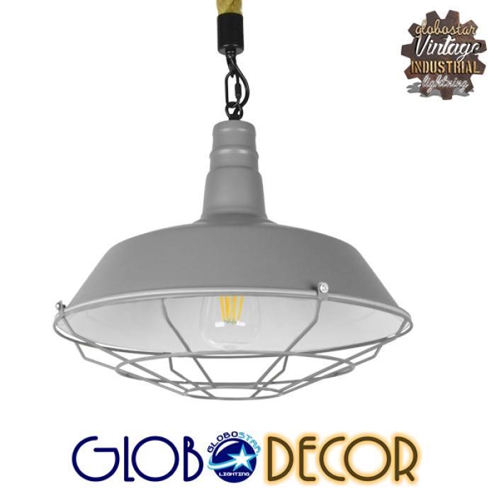 GloboStar® CRANE 01411 Vintage Industrial Κρεμαστό Φωτιστικό Οροφής Μονόφωτο 1 x E27 Γκρι Λευκό Μεταλλικό Καμπάνα Πλέγμα με Μπεζ Σχοινί Φ36 x Υ31cm