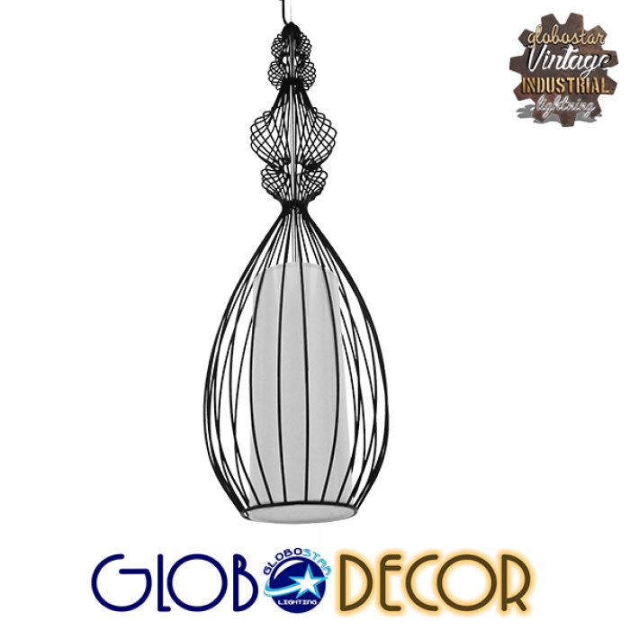 GloboStar® LILY 01561 Vintage Industrial Κρεμαστό Φωτιστικό Οροφής Μονόφωτο Μαύρο Μεταλλικό Πλέγμα και Υφασμάτινο Εσωτερικό Καπέλο Φ20 x Υ90cm