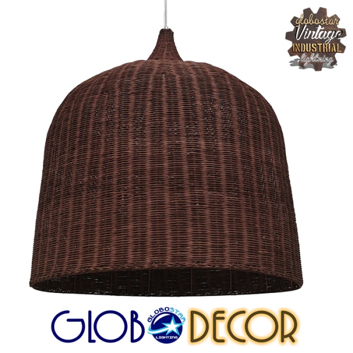 GloboStar® BAHAMAS 01569 Vintage Κρεμαστό Φωτιστικό Οροφής Μονόφωτο 1 x E27 Καφέ Σκούρο Ξύλινο Ψάθινο Μπαμπού Φ90 x Υ90cm