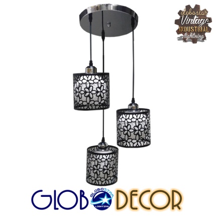 GloboStar® RAINELDA 01246 Μοντέρνο Κρεμαστό Φωτιστικό Οροφής Τρίφωτο 3 x E27 Μαύρο Μεταλλικό Πλέγμα με Λευκό Γυαλί Φ40 x Y19cm